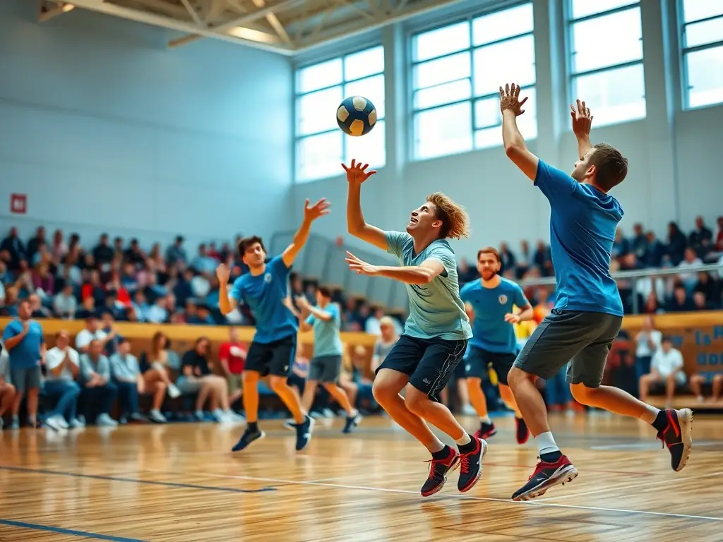 An image of handball players in T O S TREGASTEL OMNISPORTS gear competing in a local tournament, showcasing their agility and strategic play.