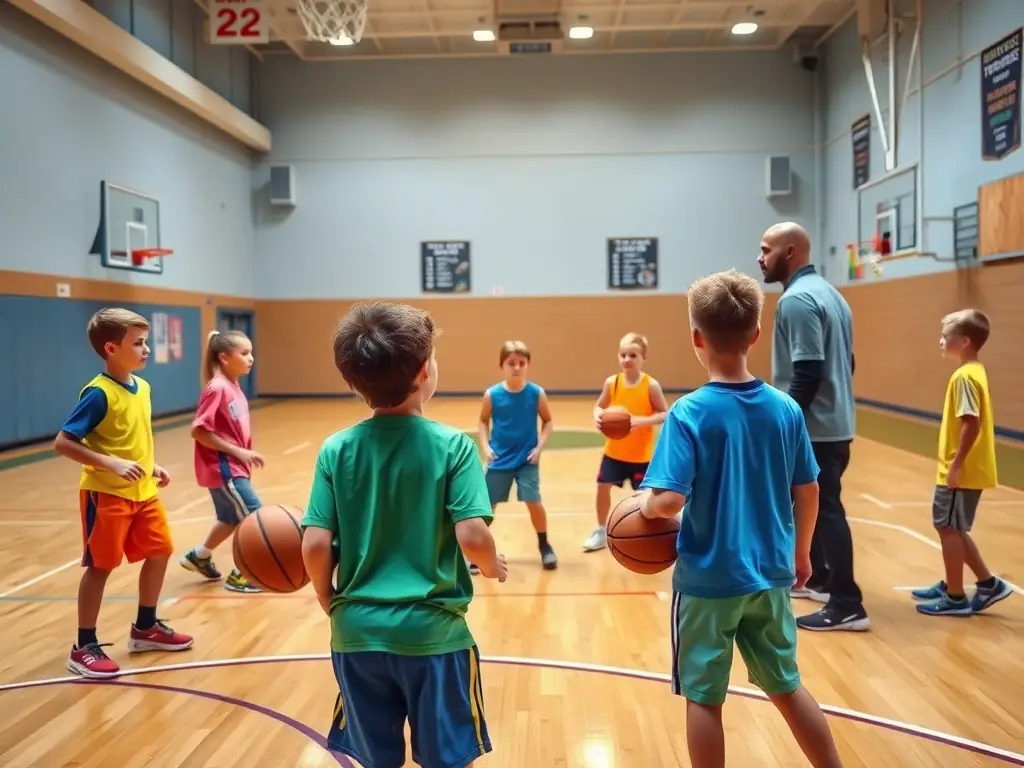 A dynamic action shot of young basketball players in T O S TREGASTEL OMNISPORTS uniforms practicing drills on an indoor court, focusing on teamwork and skill development.