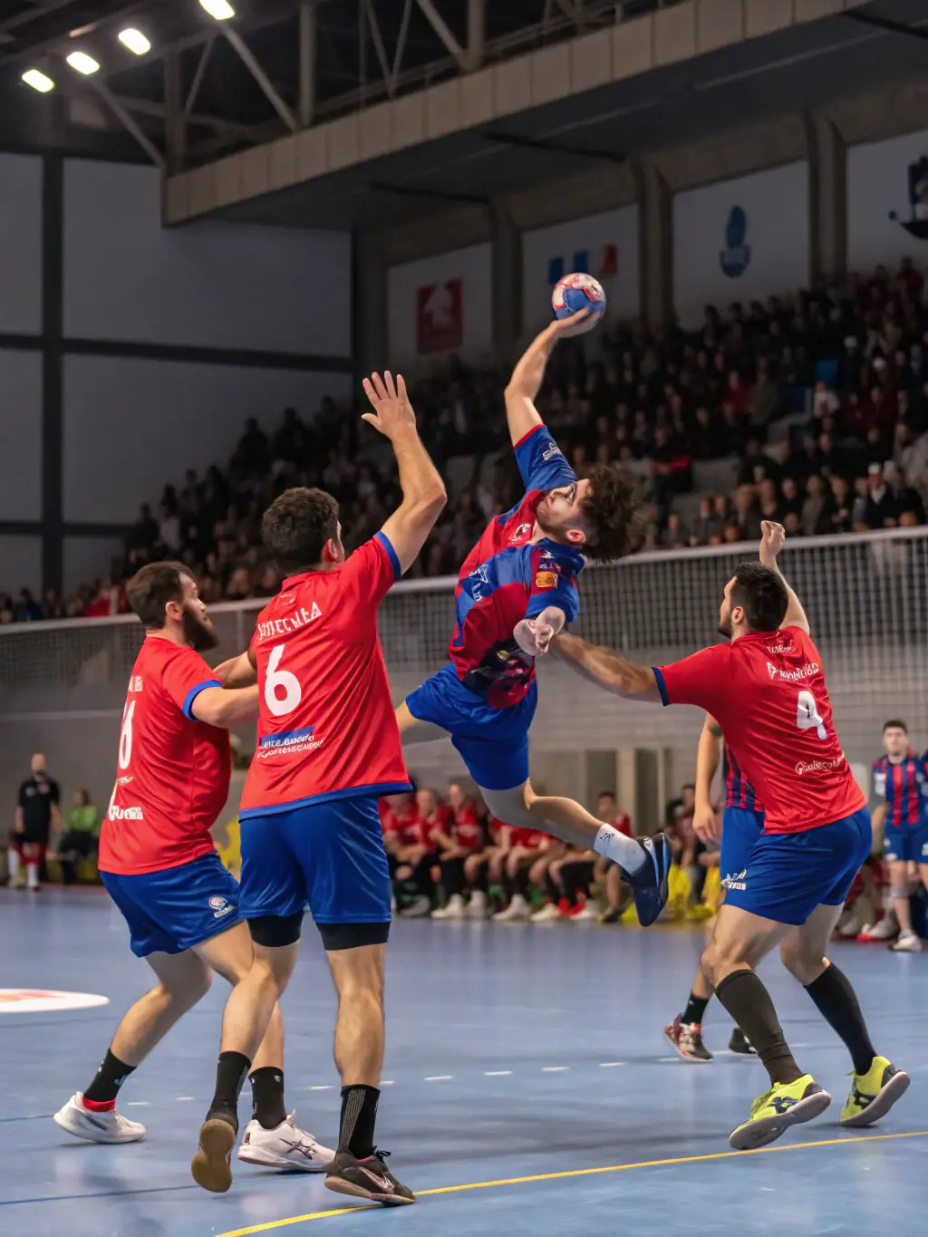 An action shot of a handball team competing in a local tournament, showcasing the intensity and excitement of the sport at T O S TREGASTEL OMNISPORTS.