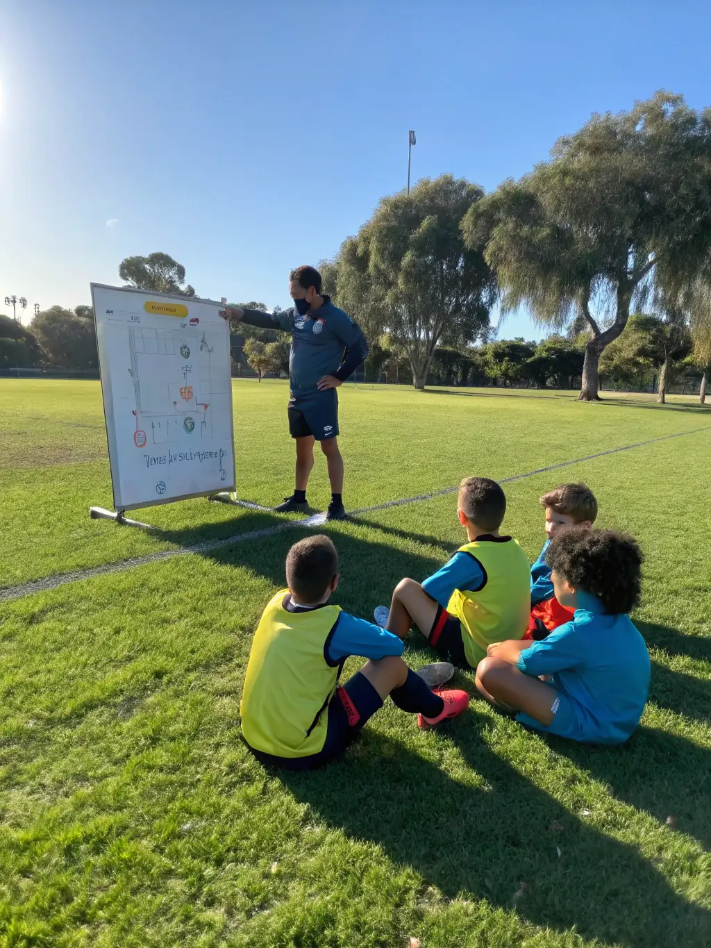 A group of children participating in a sportsmanship workshop, emphasizing fair play and respect for opponents at T O S TREGASTEL OMNISPORTS.