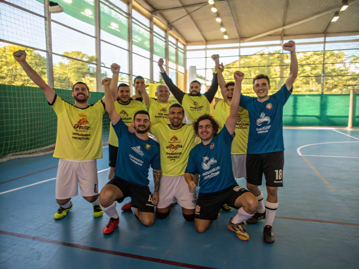 A photograph capturing the excitement of a handball tournament, with players celebrating a victory and demonstrating team spirit.