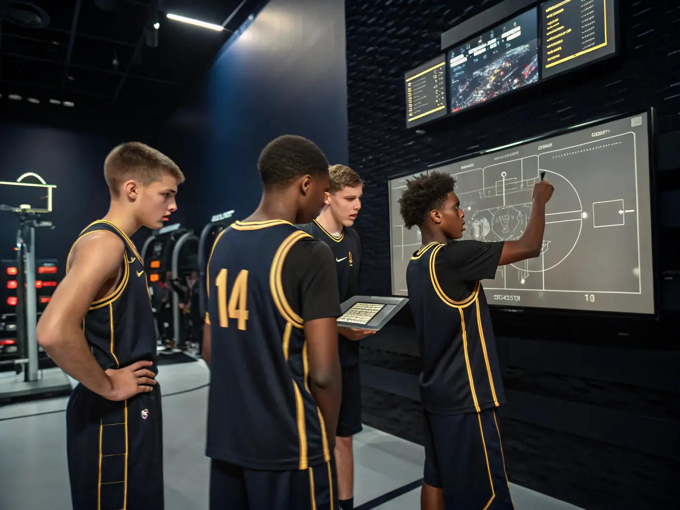 A vibrant image of basketball players in action during a training session, showcasing teamwork and skill development under the guidance of a coach.