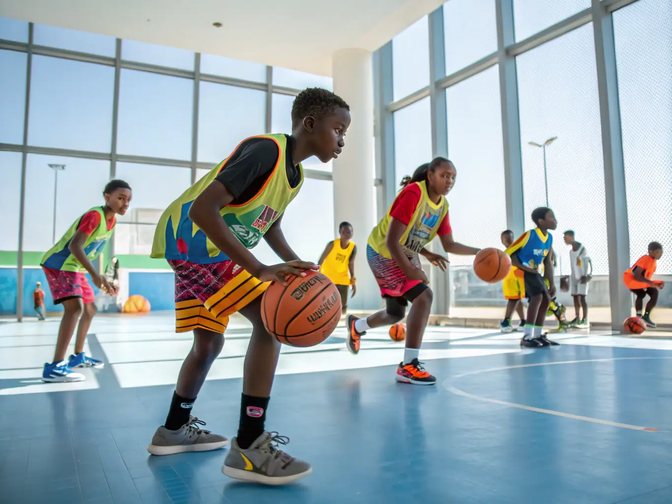 An image of young players practicing basketball drills on an outdoor court, with coaches providing guidance. The players are focused and energetic, demonstrating the training environment.