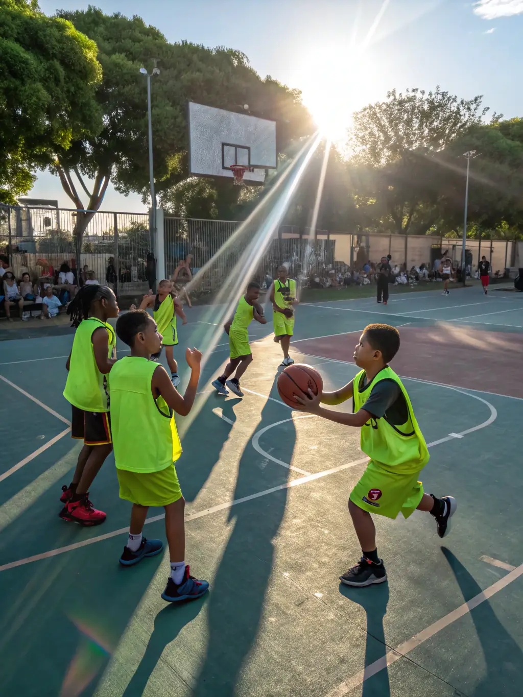 A vibrant image of young basketball players in action during a training session, focusing on teamwork and skill development at T O S TREGASTEL OMNISPORTS.